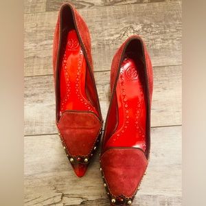 Tory Burch red suede studded pumps